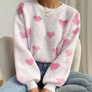 Baby Pink Casual Women's Heart Pattern Sweater